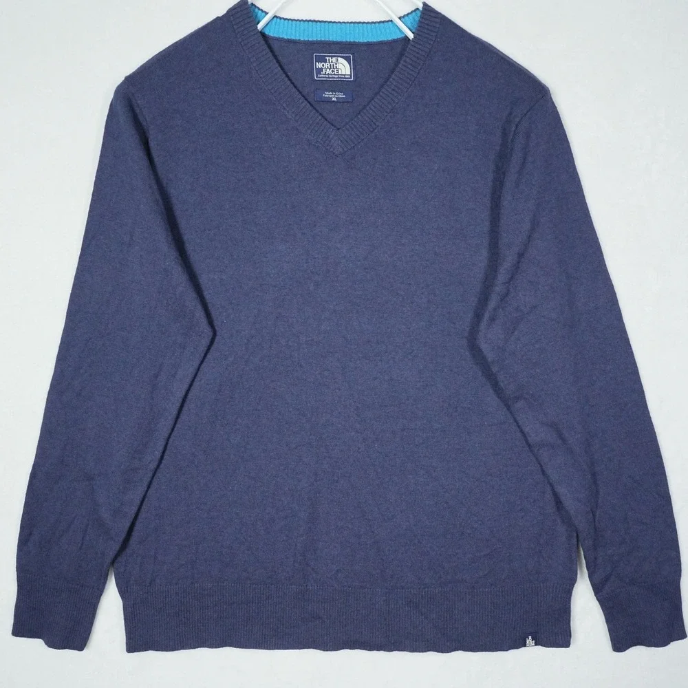 The North Face Mens XL V-Neck Sweater Navy Blue Wool Blend Pullover TCJ4+TMJ4